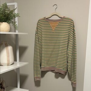 We The Free Green and Tan Striped Crewneck Sweater